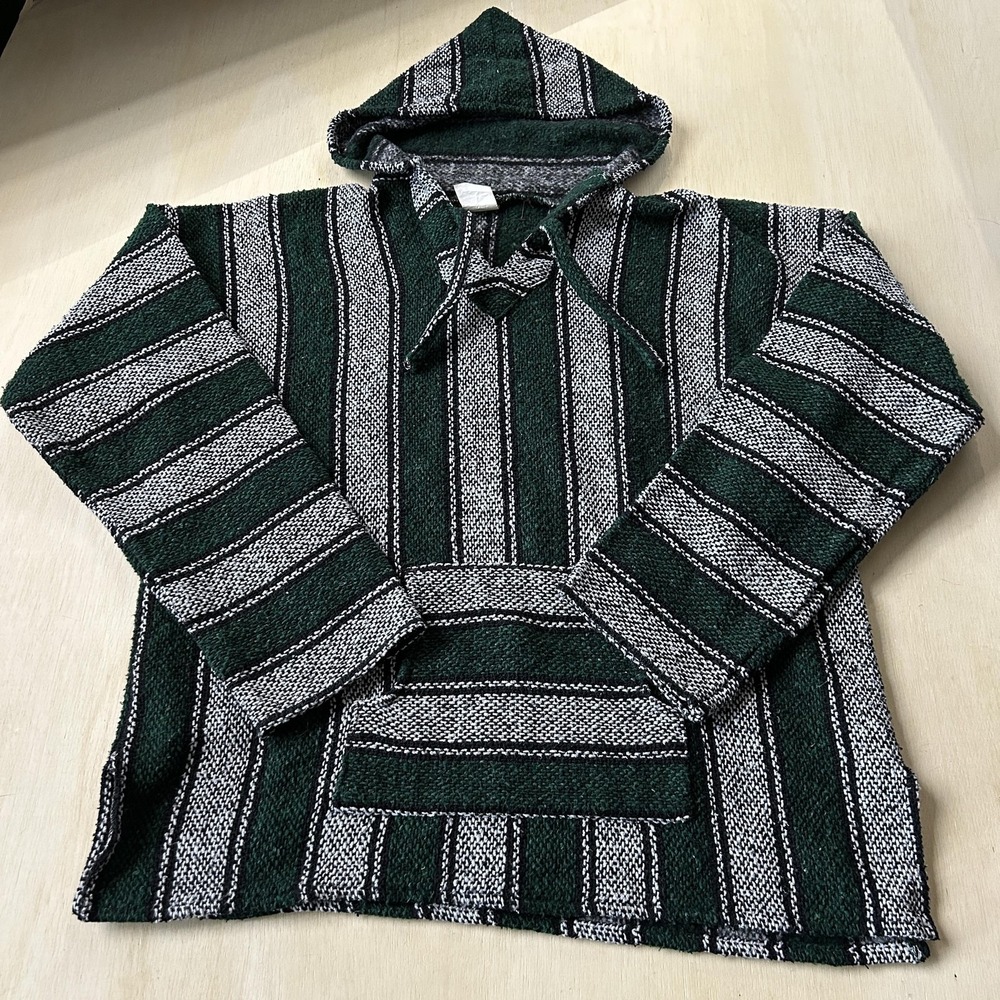 Franks Baja Hoodie Mens XL Green Striped Pullover Kangaroo Pocket Boho Hippie